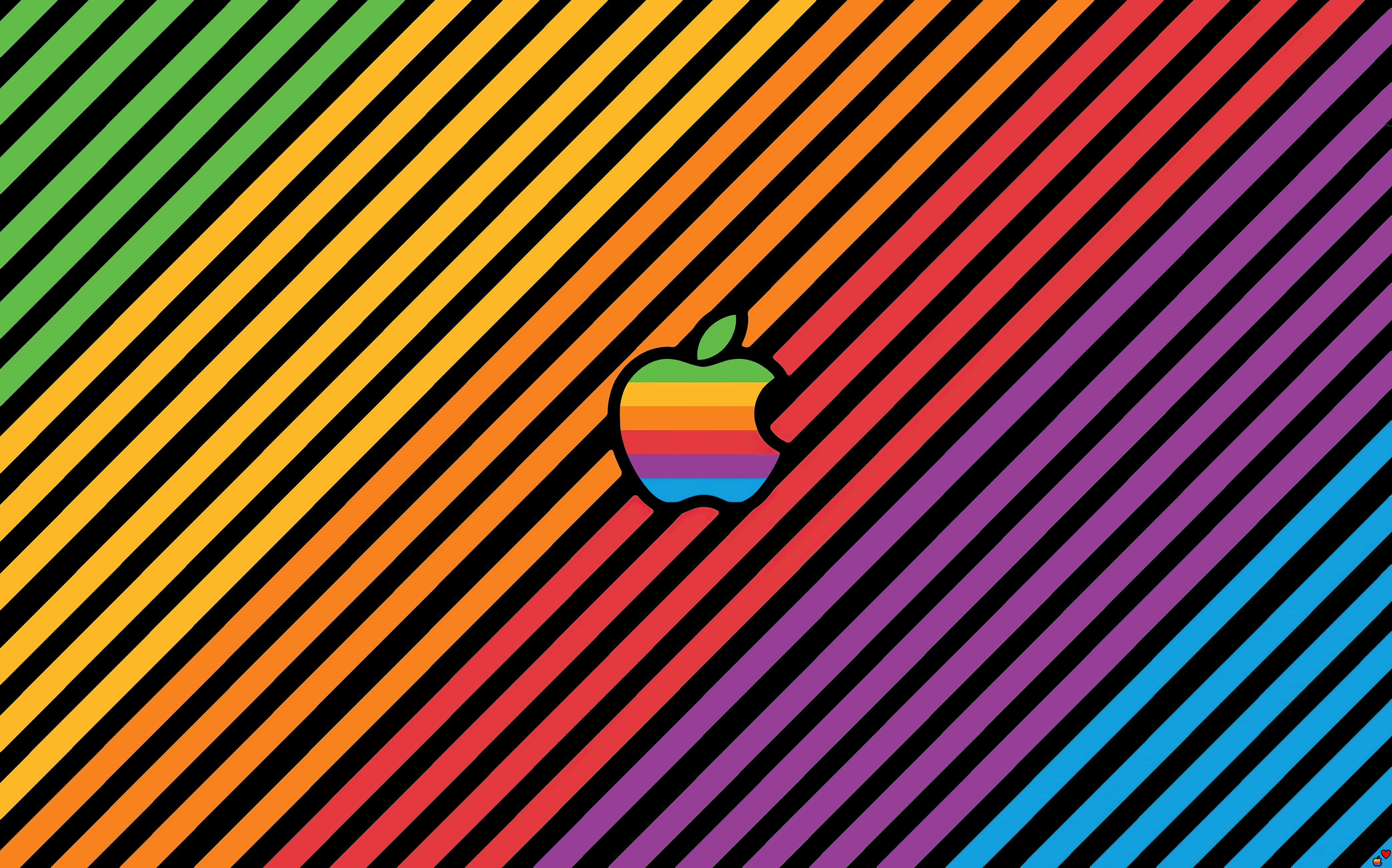 蘋果標誌 桌布 壁紙 — 一個充滿活力的彩虹條紋Apple標誌，居中放在一個大膽顏色的對角線條紋背景上。