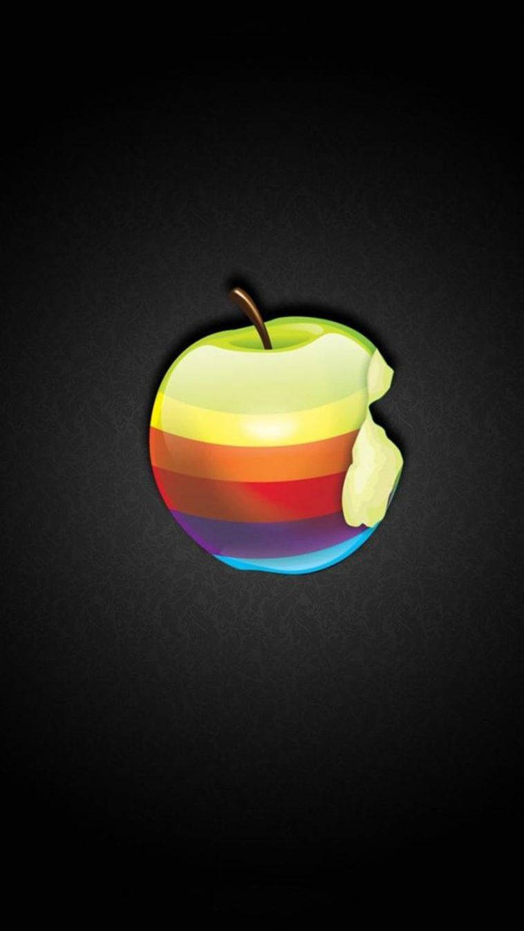 iPhone 桌布 壁紙 — 一個充滿活力的彩虹條紋咬了一口蘋果標誌在深色紋理背景上發光。