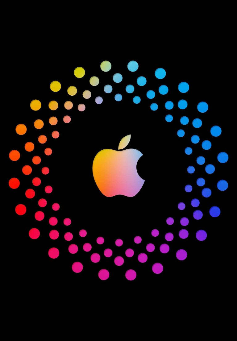 高清 桌布 壁紙 — 一個充滿活力的彩虹漸變Apple標誌，周圍環繞著彩色圓點，背景為黑色。
