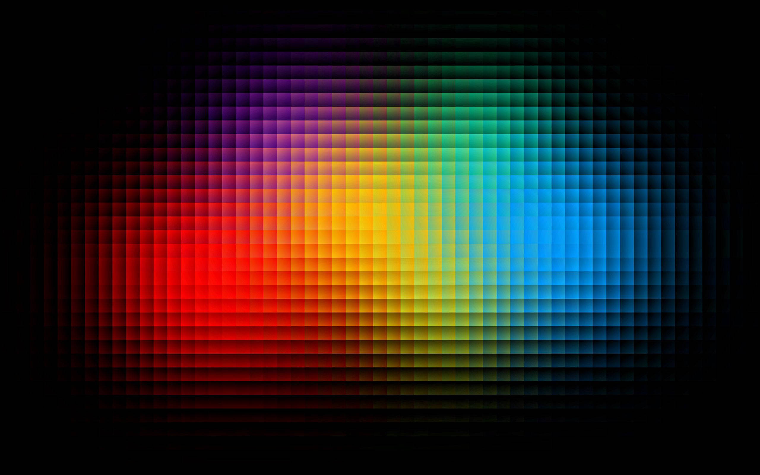 Pixel 桌布 壁紙 — 一個充滿活力的彩虹漸變從中心點向黑色背景輻射，以像素化網格圖案呈現。