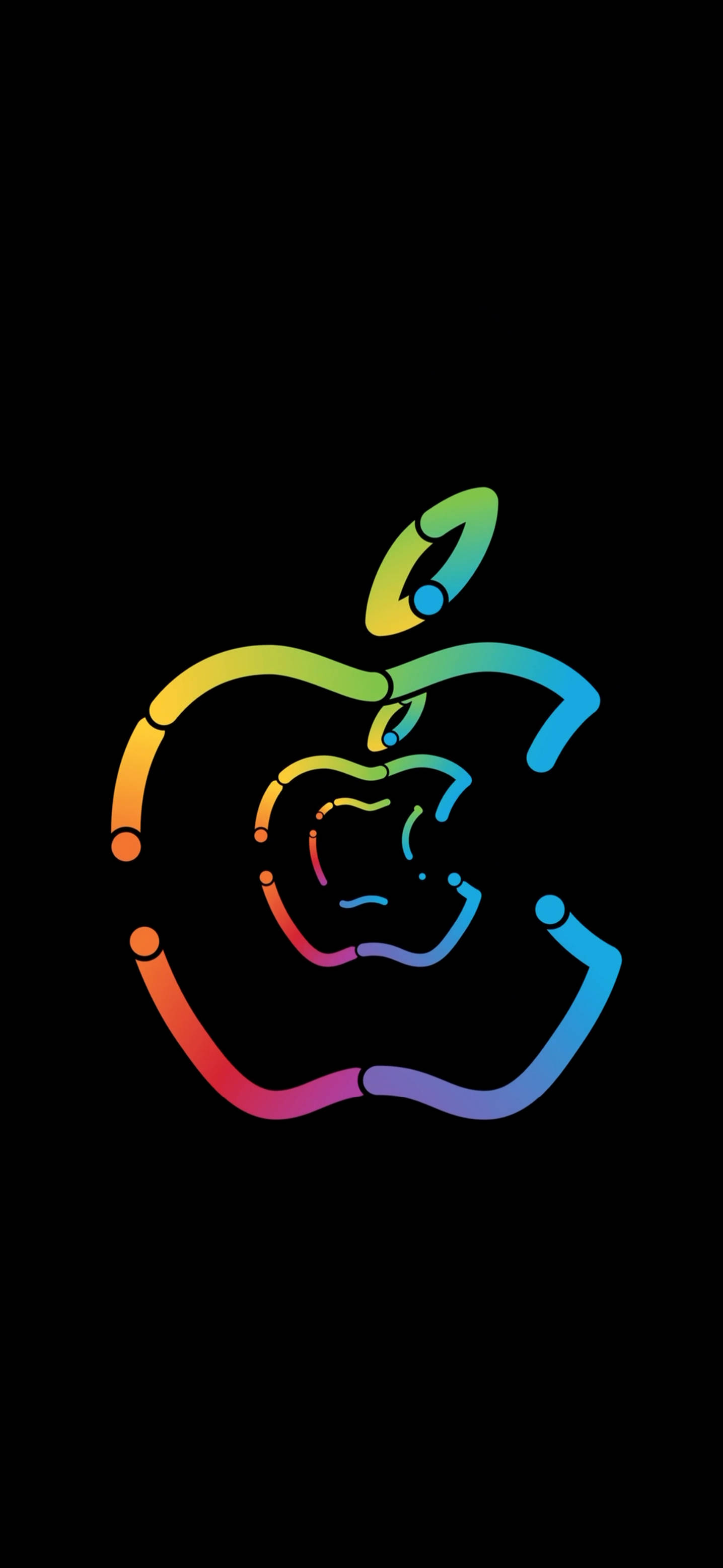 蘋果 桌布 壁紙 — 一個充滿活力的彩虹色Apple標誌，以發光點在純黑色背景上勾勒出輪廓。