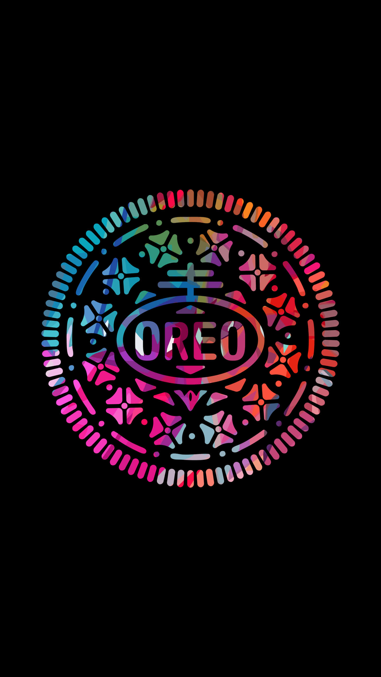 oreo 桌布 壁紙 — 一個充滿活力的彩虹色Oreo餅乾標誌，帶有複雜的幾何圖案，在黑色背景上發光。