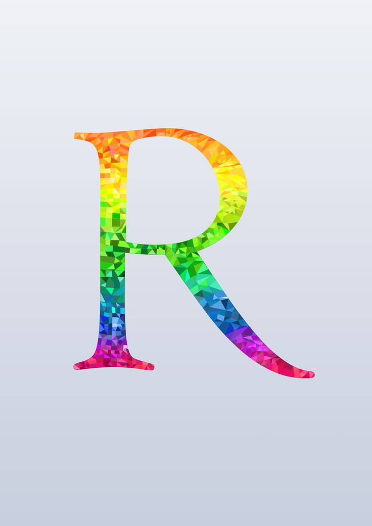 R 桌布 壁紙 — 一個充滿活力的彩虹色字母R，由幾何切面組成，背景為柔和漸變色。