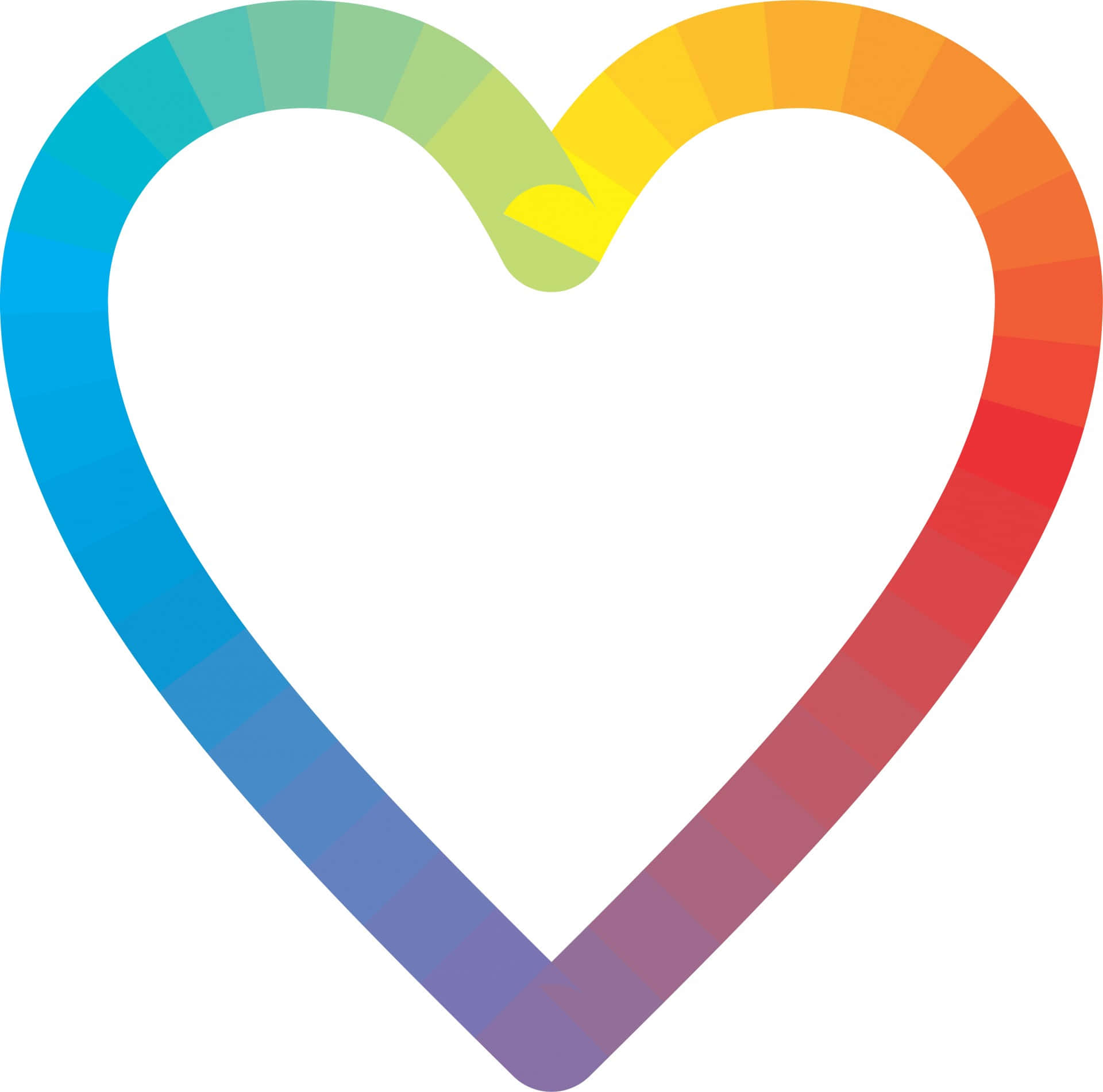 Rainbow Heart 桌布 壁紙 — 一個充滿活力的彩虹色心形輪廓，帶有平滑的漸變分段，形成一個完整的環圈。