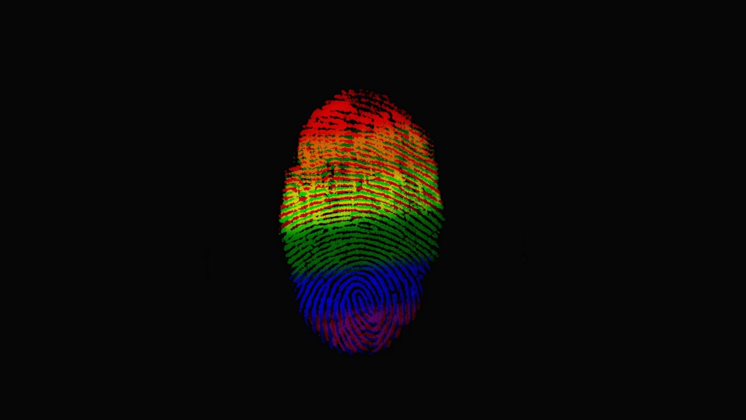 1440p Amoled 桌布 壁紙 — 一個充滿活力的彩虹色指紋在純黑背景上發光，突顯出獨特的脊線和漩渦。
