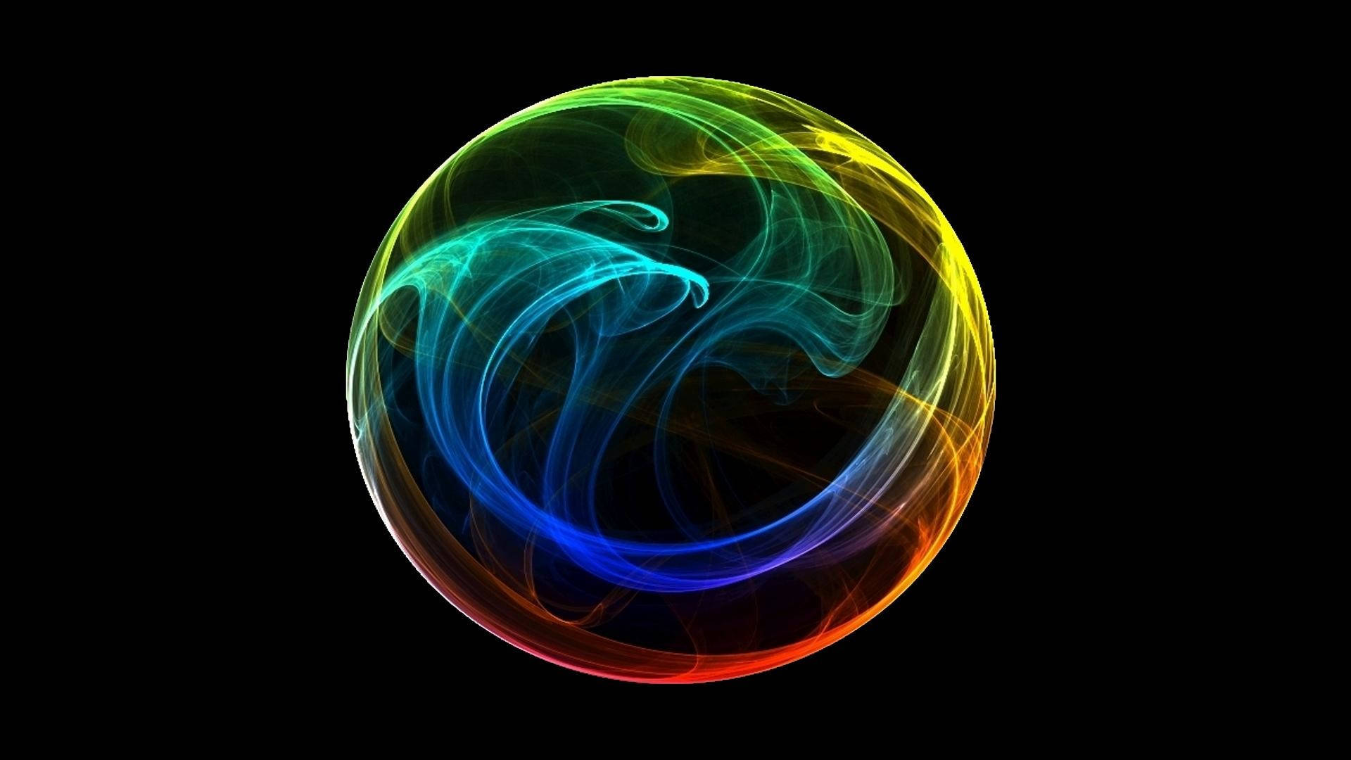 Moving 桌布 壁紙 — 一個充滿活力的彩虹色漩渦能量球漂浮在純黑背景上。