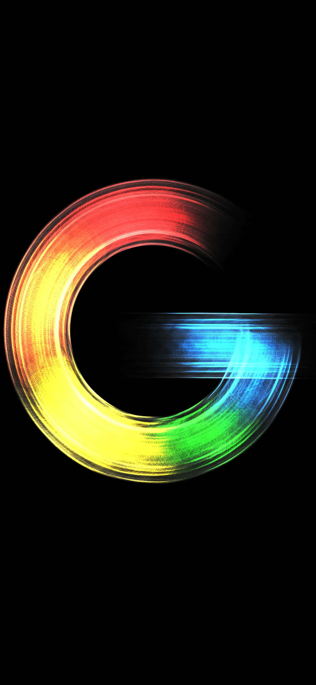Google Chrome 桌布 壁紙 — 一個充滿活力的彩虹色發光字母G在純黑色背景上旋轉，帶有動態模糊效果。