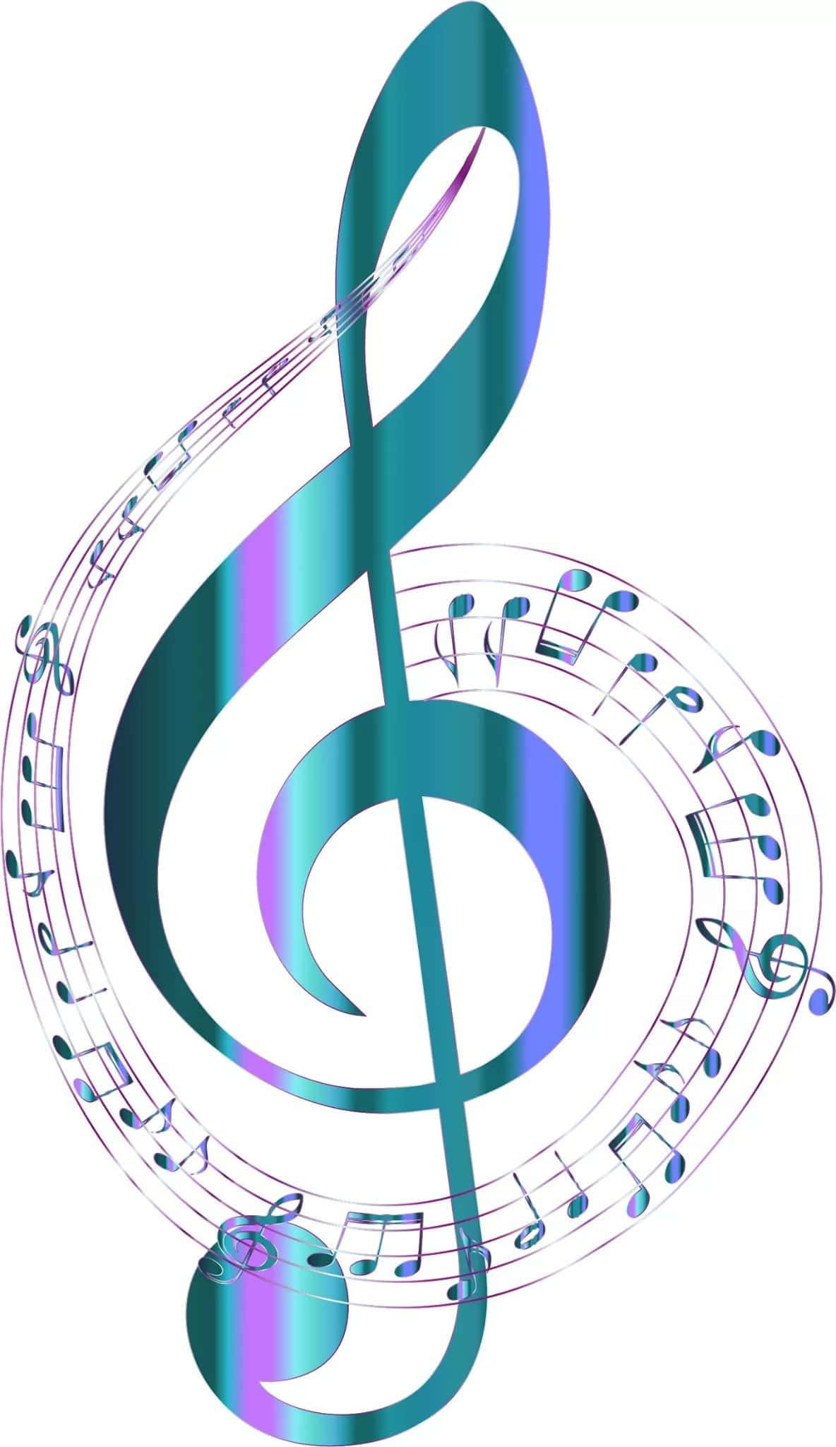 音樂 桌布 壁紙 — 一個充滿活力的彩虹色高音譜號，與發光五線譜上的音符交織在一起。