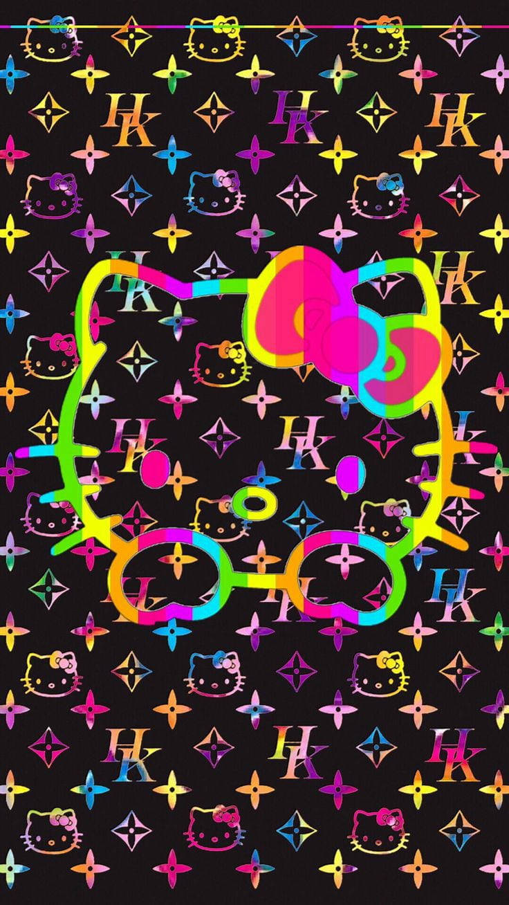 Kitty 桌布 壁紙 — 一個充滿活力的彩虹輪廓Hello Kitty剪影，主導了一個黑色背景，背景充滿了重複的彩色Hello Kitty和LV字母組合圖案。