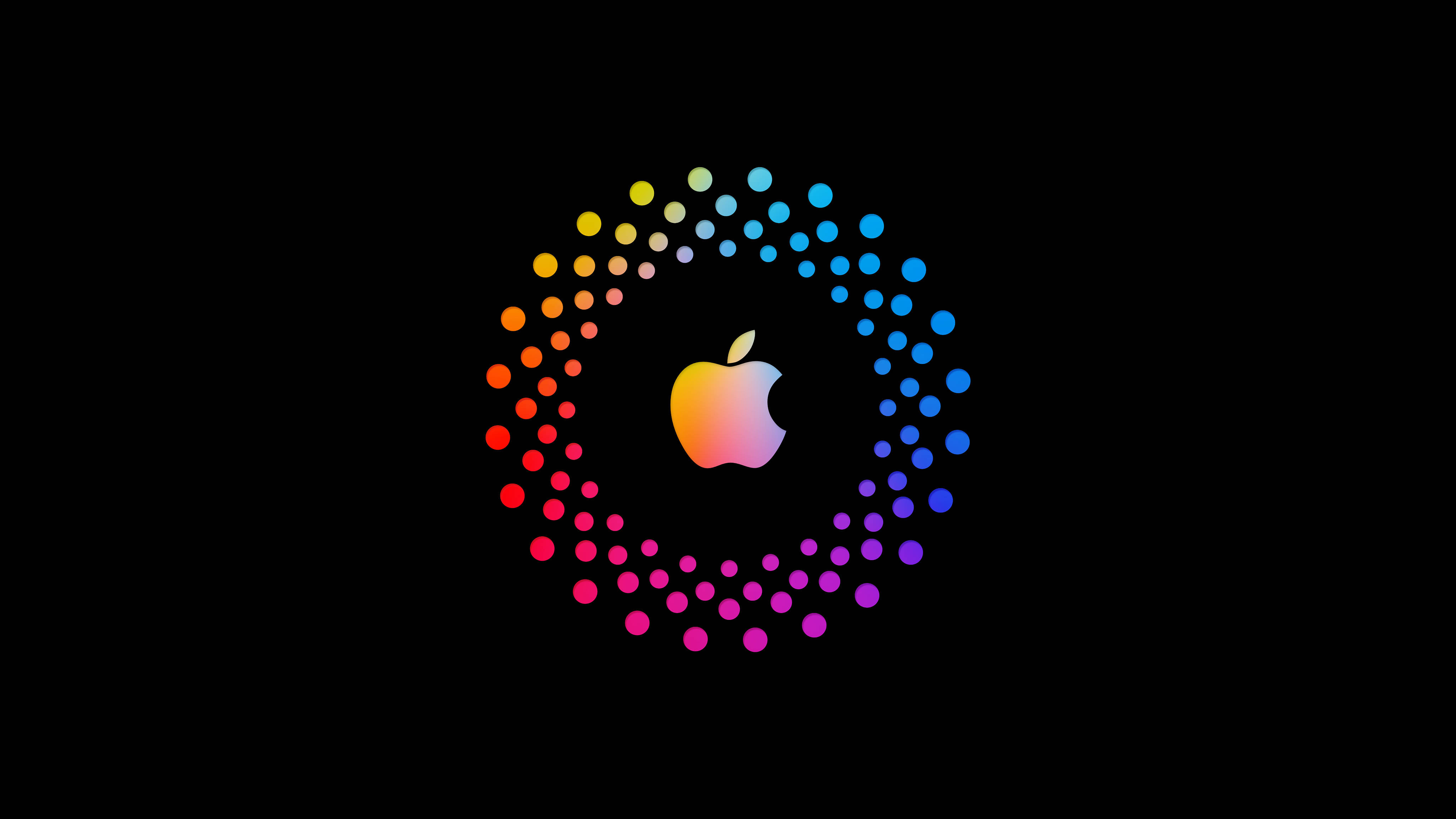 Apple 4K Ultra HD 桌布 壁紙 — 一個充滿活力的彩虹點環圍繞著一個在純黑背景上發光的Apple標誌。