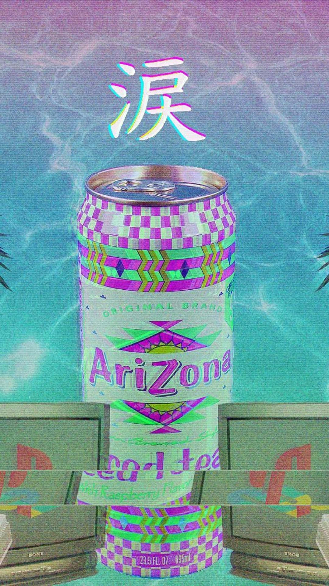 Vaporwave iPhone 桌布 壁紙 — 一個充滿活力的復古AriZona冰茶罐漂浮在帶有日本漢字和棕櫚葉的故障水池中，背景為青綠色。
