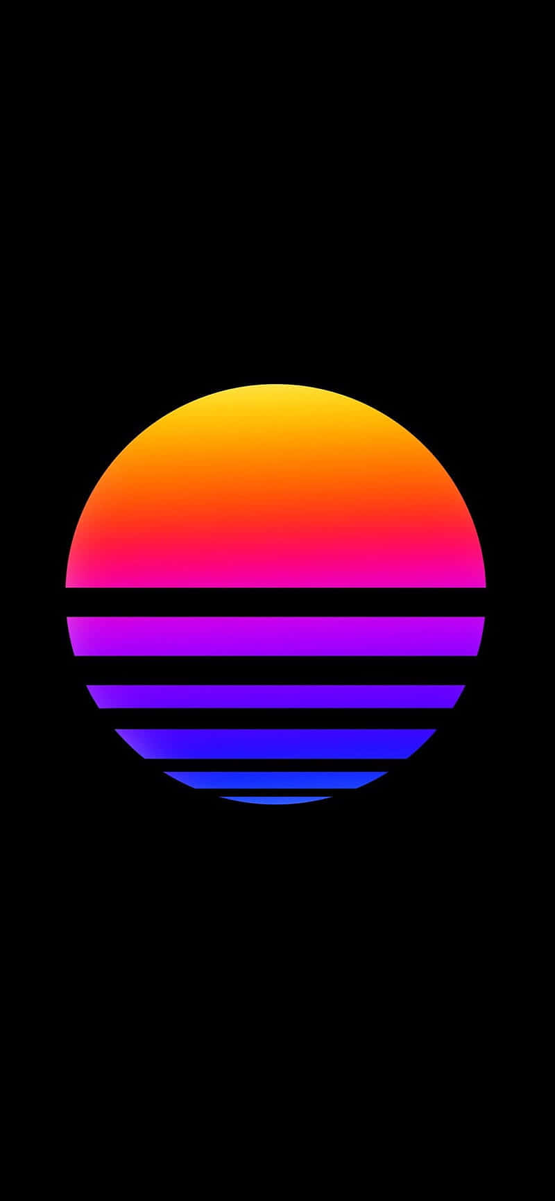 Pixel 3 Oled 桌布 壁紙 — 一個充滿活力的復古太陽，帶有漸變橙色、黃色、粉紅色、紫色和藍色條紋，背景為黑色。