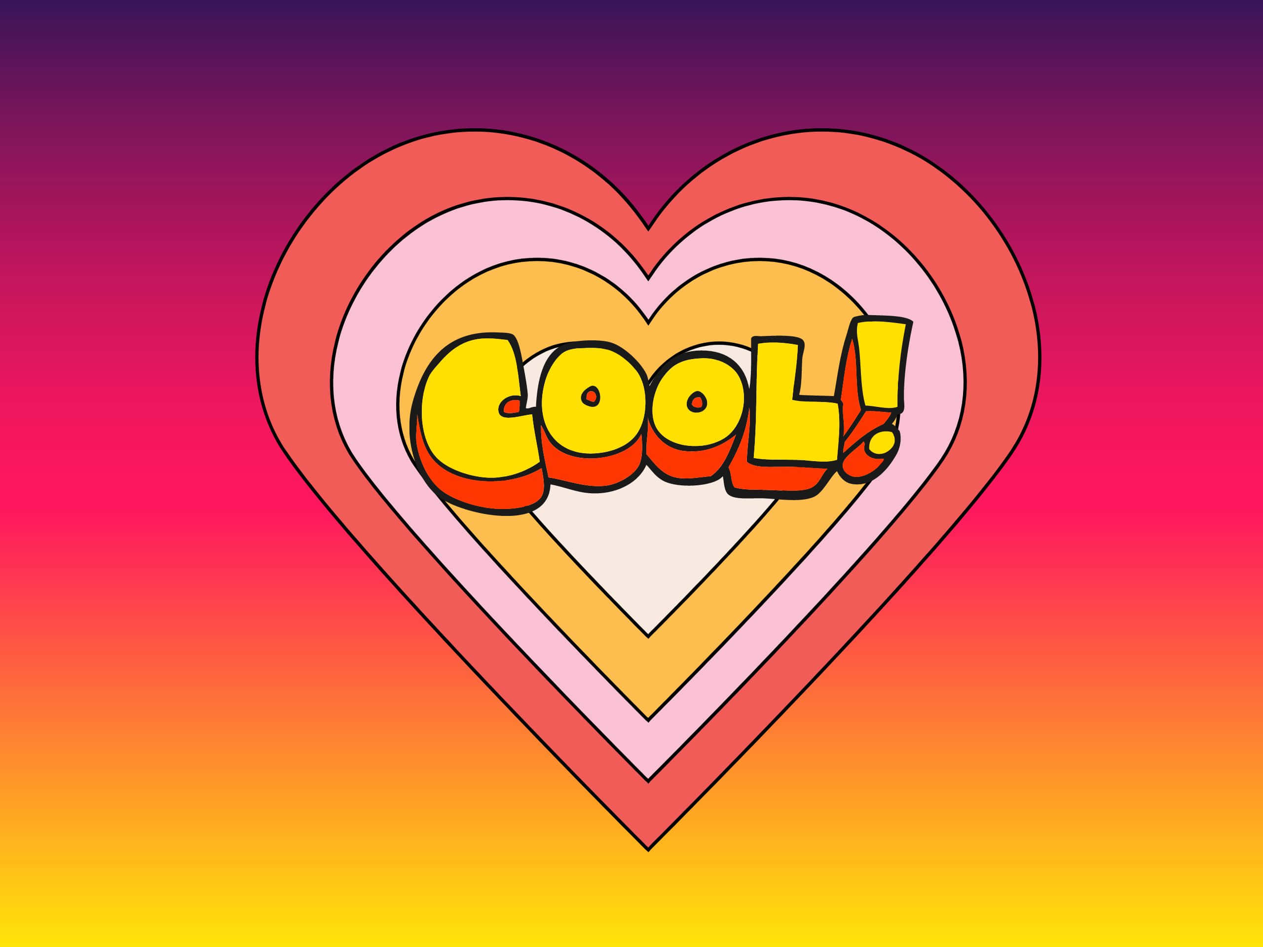 2560x1920 桌布 壁紙 — 一個充滿活力的復古心形，帶有粗體3D字樣的「COOL!」，在漸變的日落天空下跳動。