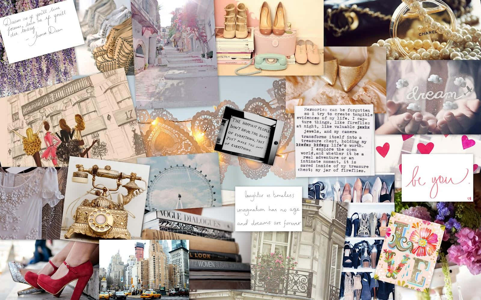 Macbook Collage 桌布 壁紙 — 一個充滿活力的復古時尚配件、書籍和手寫語錄拼貼，以夢幻的女性美學排列。
