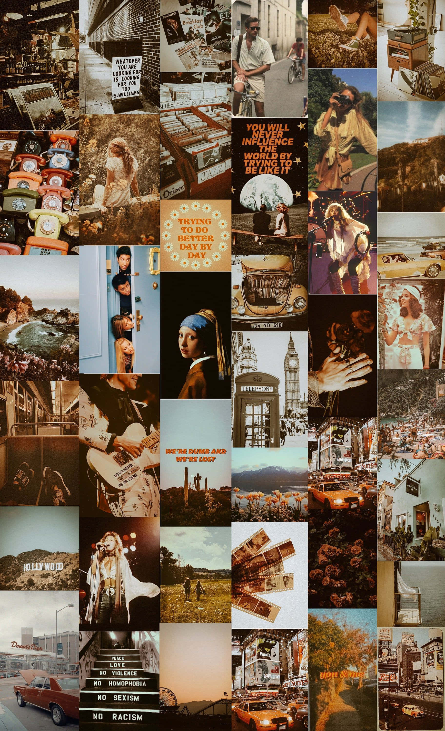 Vintage Collage 桌布 壁紙 — 一個充滿活力的復古照片拼貼，展示人物、汽車和標誌性地標，並帶有復古文字疊加。