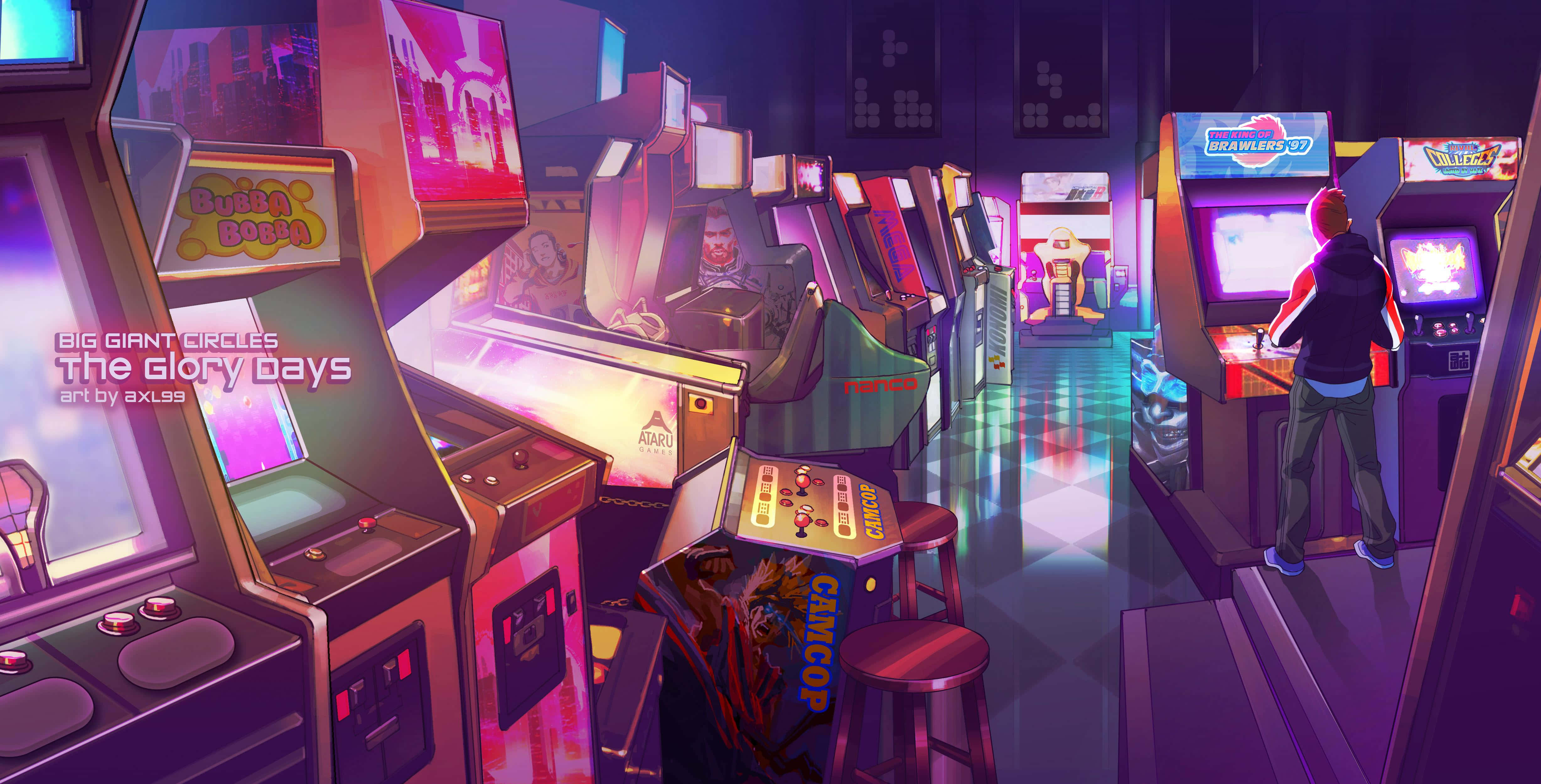 Aesthetic Gaming 桌布 壁紙 — 一個充滿活力的復古遊戲機中心，充滿發光的機器，一個孤獨的玩家在霓虹燈下沉浸在經典遊戲中。