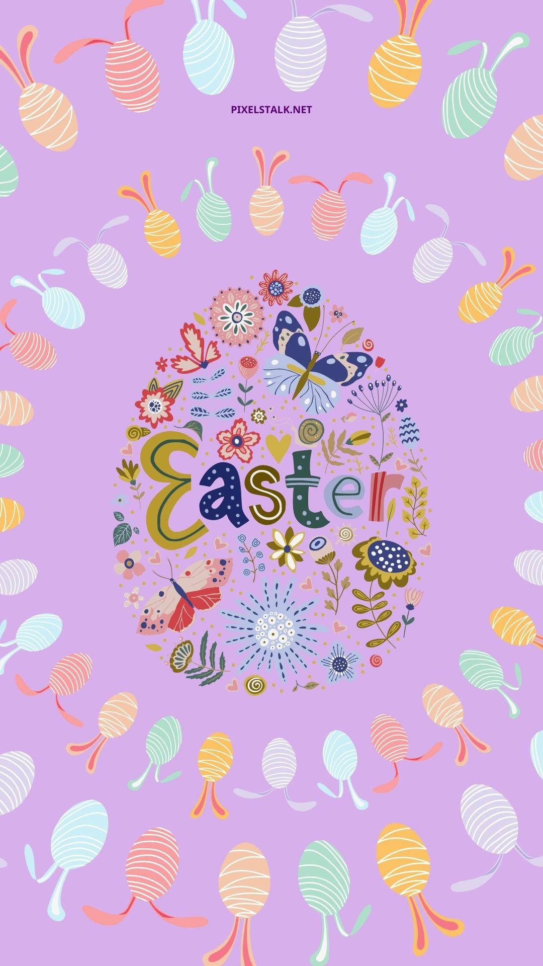 Easter iPhone 桌布 壁紙 — 一個充滿活力的復活節蛋，飾有花朵、蝴蝶和彩色圖案，周圍是條紋蛋，背景為薰衣草色。
