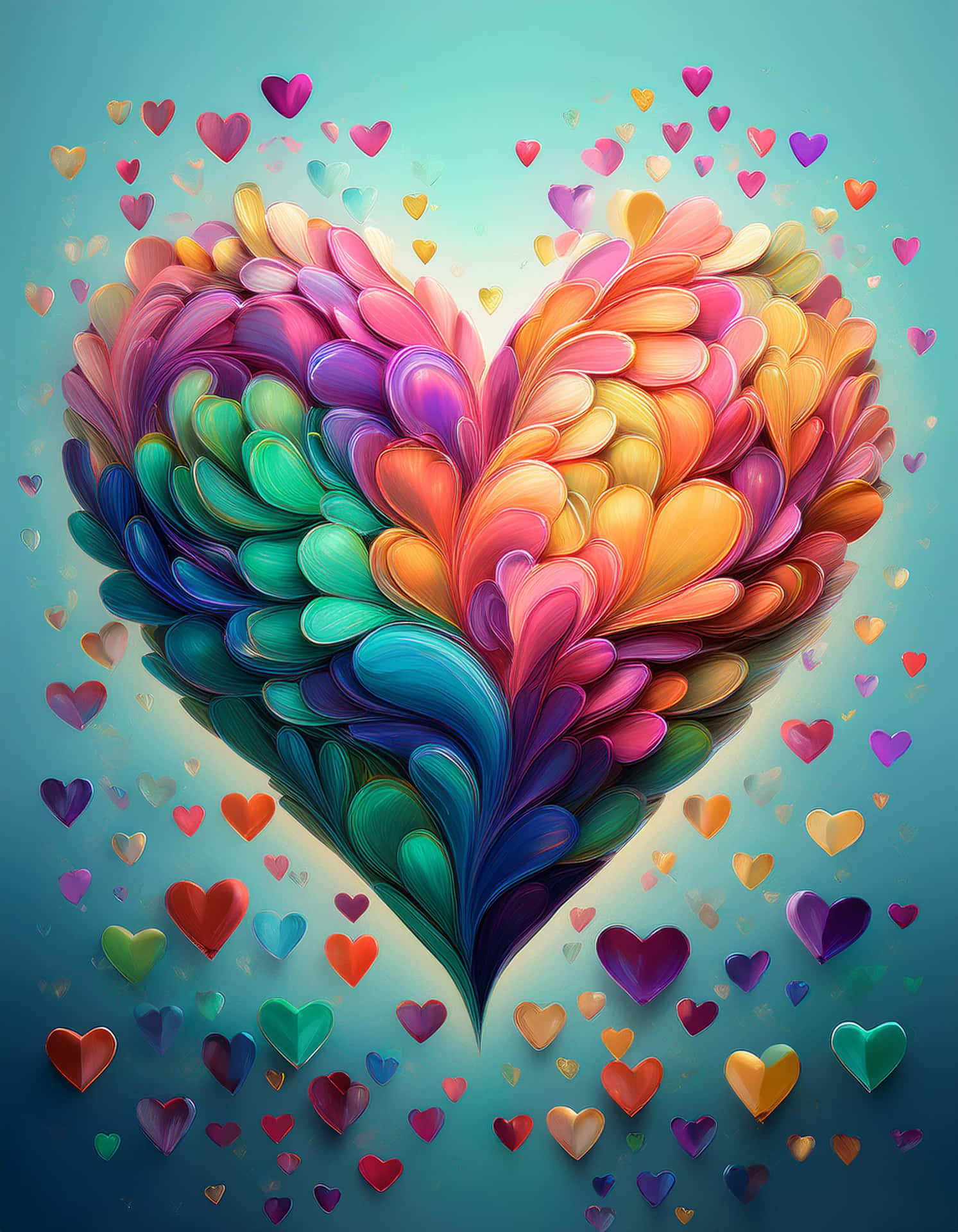 Dance of Colorful Hearts 壁紙 — 一個充滿活力的心形，由層疊的彩色花瓣組成，周圍有較小的愛心漂浮在漸變青綠色的背景上。