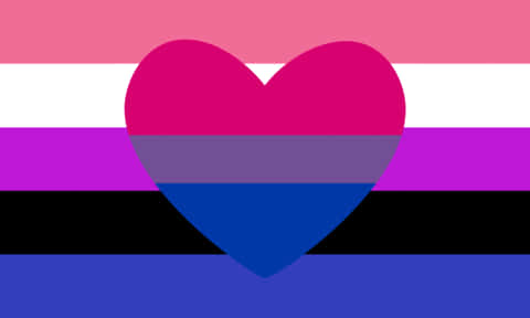 Bisexual 桌布 壁紙 — 一個充滿活力的心形圖案覆蓋在泛性戀旗幟的條紋上，採用大膽的粉紅色、紫色和藍色色調。