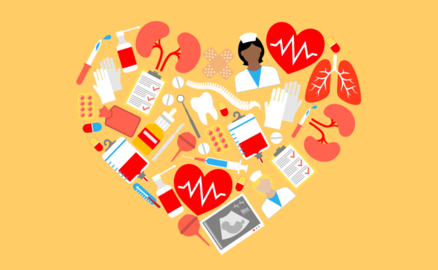 Heart 桌布 壁紙 — 一個充滿活力的心形拼貼，包含器官、藥丸和醫療保健符號等醫療圖標，背景為溫暖的黃色。