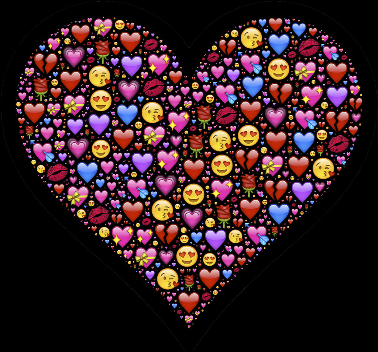 Love Emoji 桌布 壁紙 — 一個充滿活力的心形拼貼畫，由彩色愛情表情符號在黑色背景上組成。