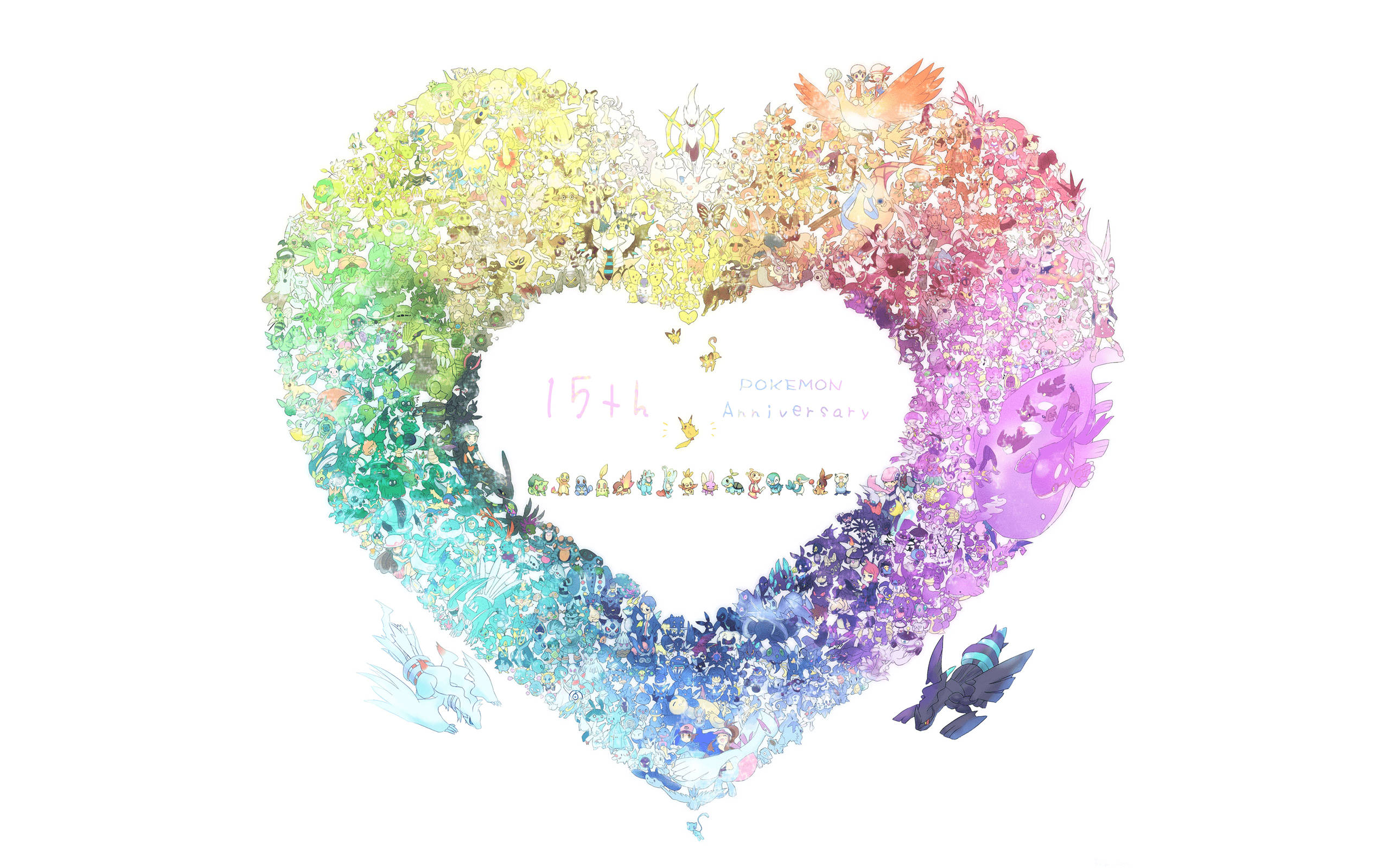 愛心 桌布 壁紙 — 一個充滿活力的心形拼貼畫，由色彩繽紛的寶可夢角色組成，慶祝15週年。