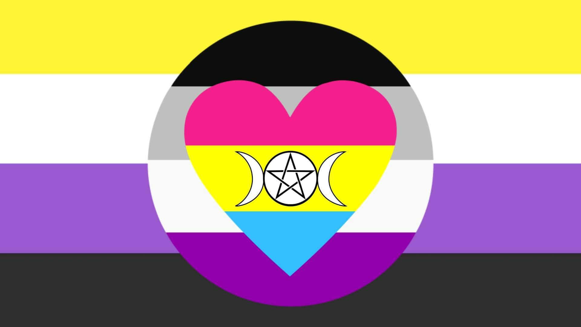 Pansexual 桌布 壁紙 — 一個充滿活力的心形標誌，帶有五角星和新月，疊加在無性戀驕傲旗幟的醒目幾何條紋上。