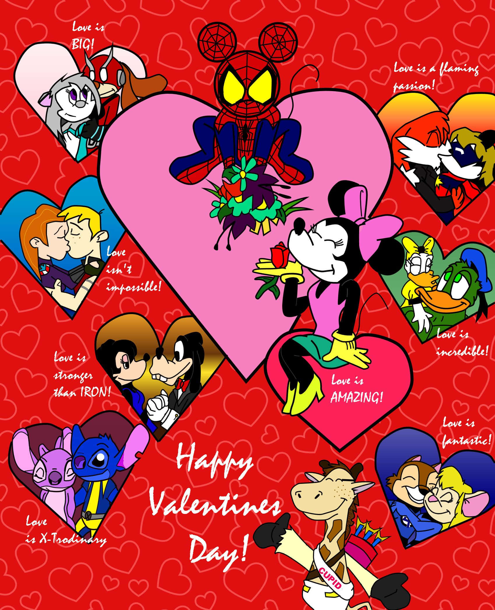 Disney Valentine 桌布 壁紙 — 一個充滿活力的情人節拼貼畫，以心形框架中的卡通人物和愛情語錄為特色，背景是紅色心形圖案。