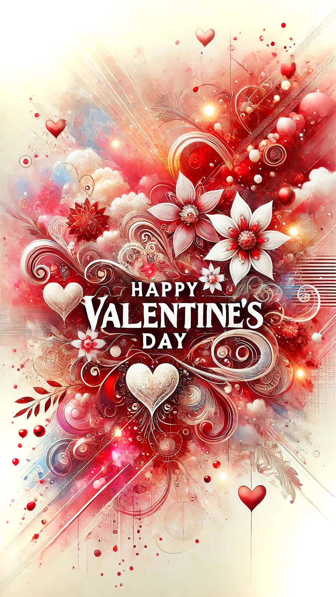 Valetine's day 壁紙 — 一個充滿活力的情人節桌布，在光芒四射的背景上爆發紅色、白色和金色的心形、花朵、漩渦和閃爍的燈光。