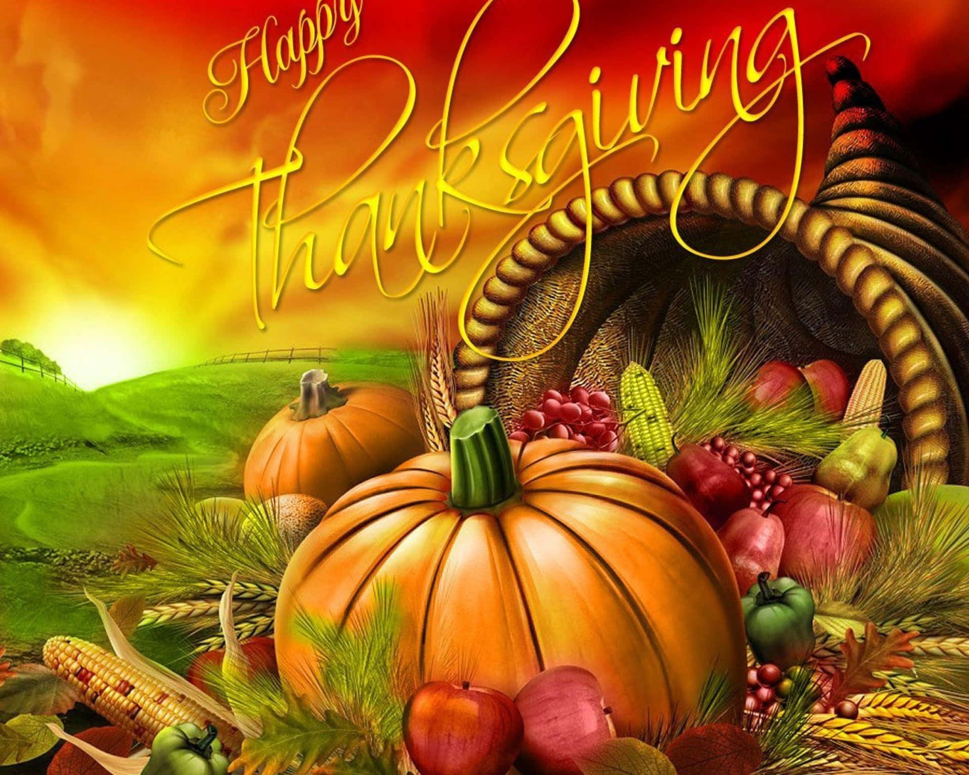 Beautiful Thanksgiving 桌布 壁紙 — 一個充滿活力的感恩節豐收角，裝滿南瓜、蘋果和玉米，背景是金色的日落景觀。