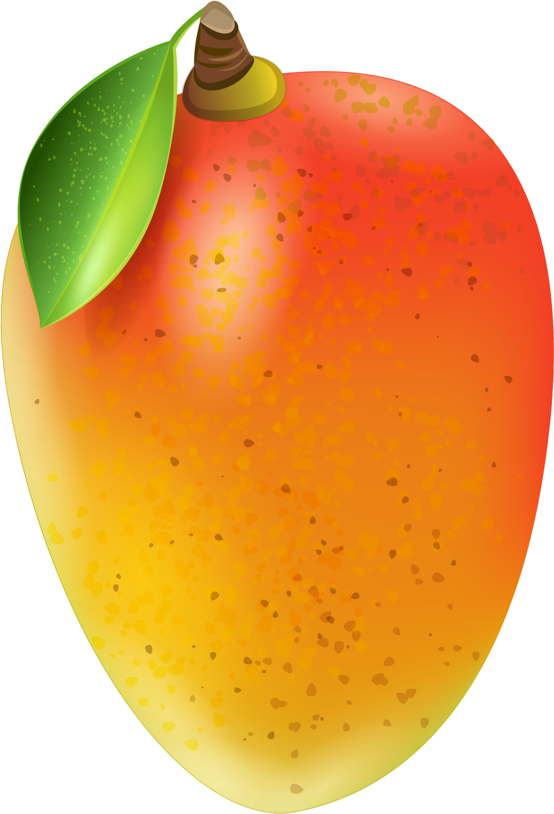 Mango 桌布 壁紙 — 一個充滿活力的成熟芒果，帶有橙黃漸變的果皮，上面有棕色斑點，莖上附著一片綠葉。