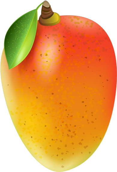 Mangoes 桌布 壁紙 — 一個充滿活力的成熟芒果，帶有漸層橙黃色斑點果皮，莖上附有一片綠葉。
