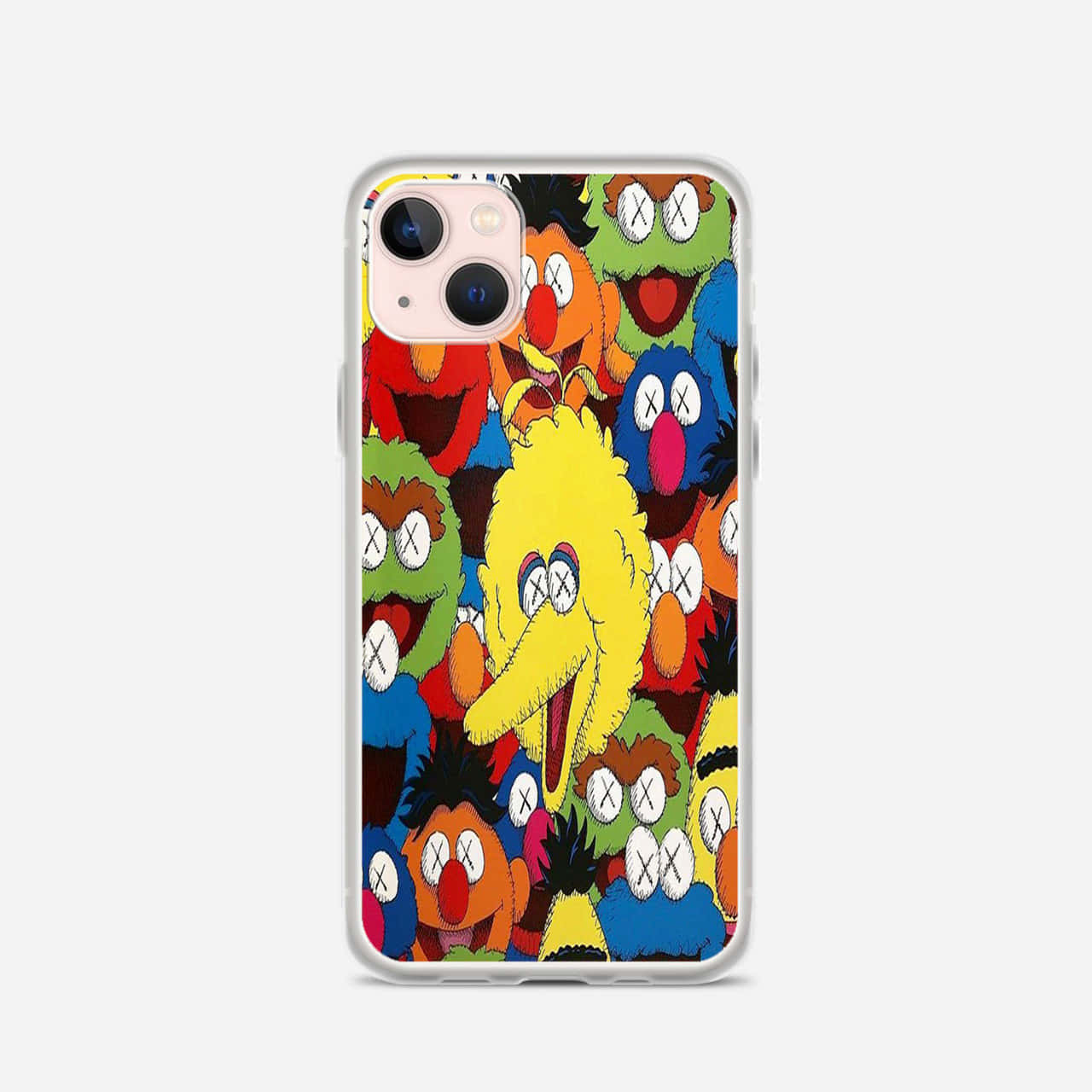 Kaws Sesame Street 桌布 壁紙 — 一個充滿活力的手機殼，上面有密集拼貼的彩色芝麻街角色，眼睛被打上叉叉。