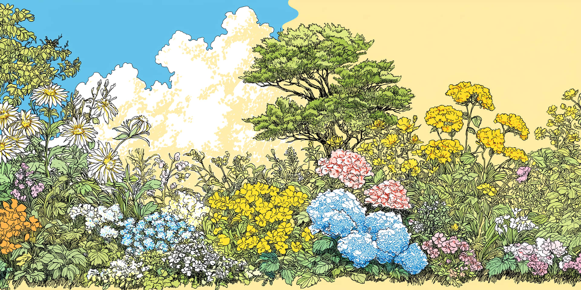 Floral Garden Scene 壁紙 — 一個充滿活力的手繪花園，色彩繽紛的花朵和茂密的綠植，在藍天白雲下綻放。