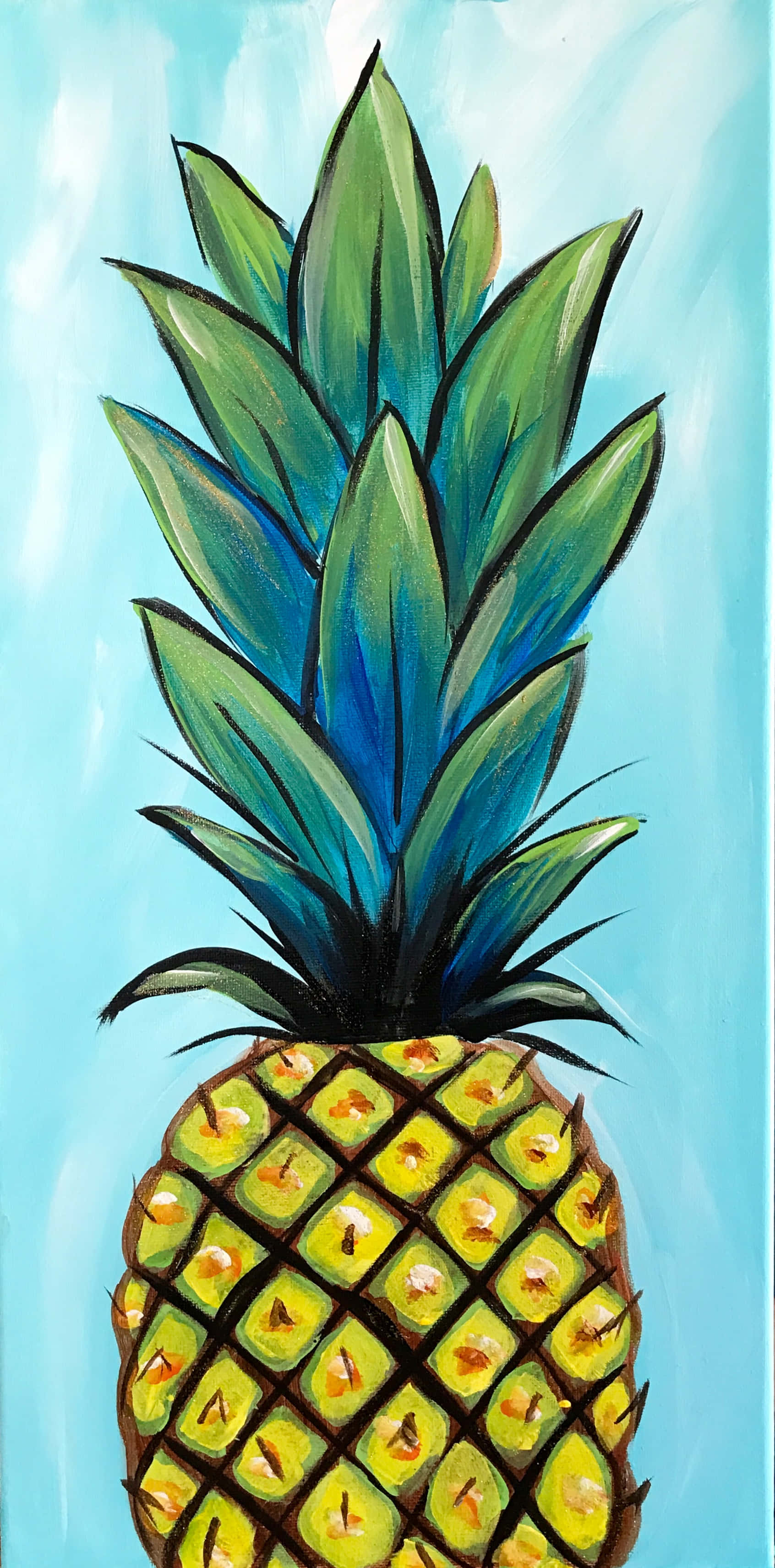 Pineapple 桌布 壁紙 — 一個充滿活力的手繪鳳梨，帶有鮮明的綠色葉子和黃色紋理的身體，背景是淺藍色。