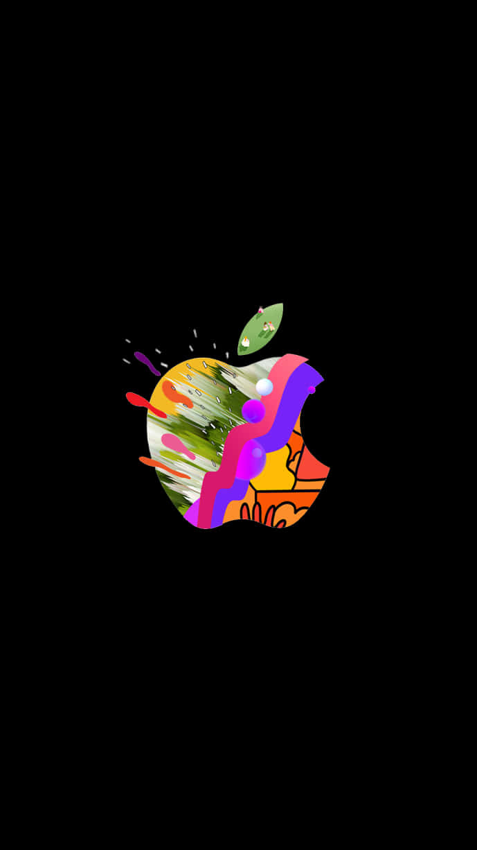 蘋果標誌 桌布 壁紙 — 一個充滿活力的抽象Apple標誌，帶有彩色油漆飛濺和綠色葉子，背景為黑色。