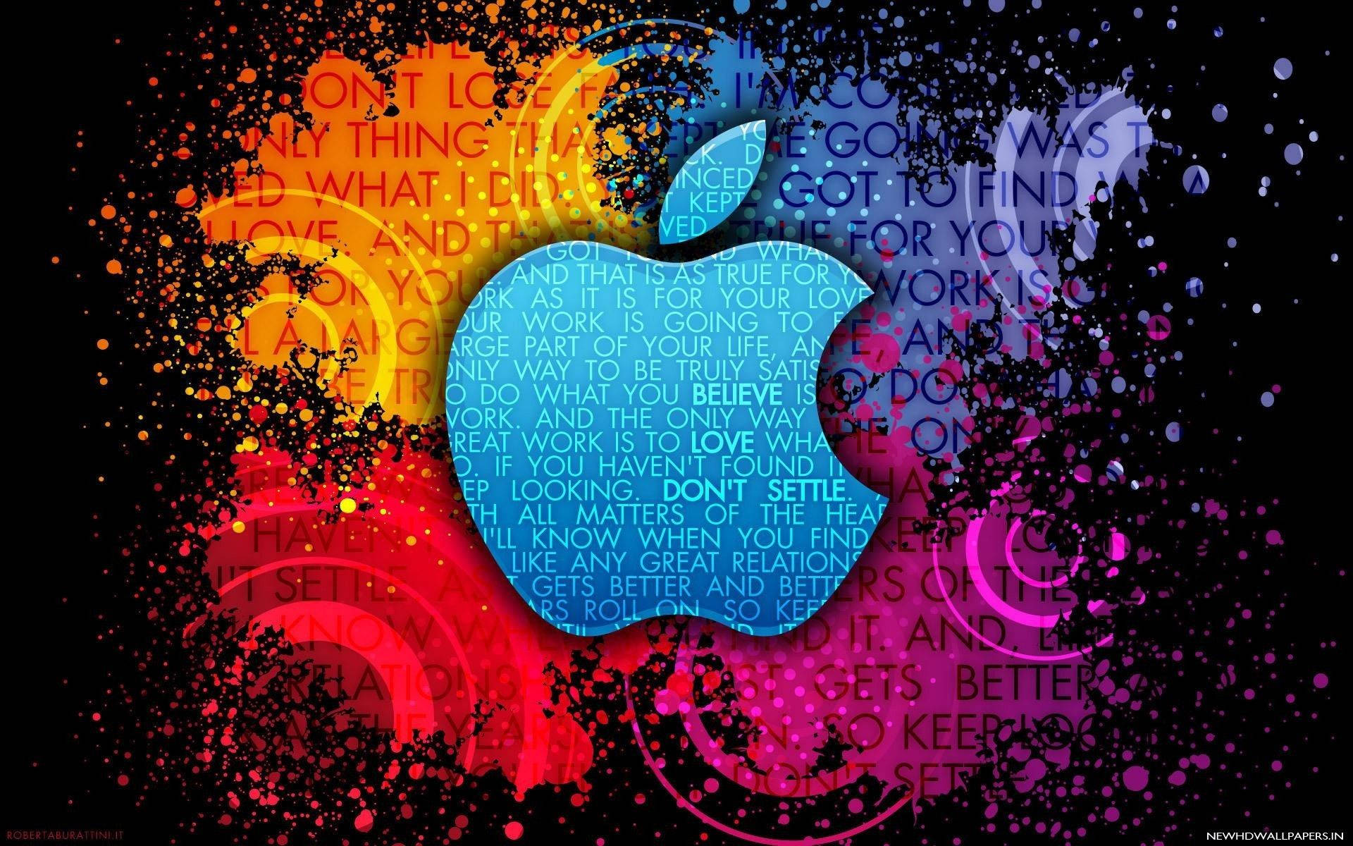 蘋果 桌布 壁紙 — 一個充滿活力的抽象Apple標誌，帶有旋轉的彩虹色和勵志文字疊加在黑色背景上。