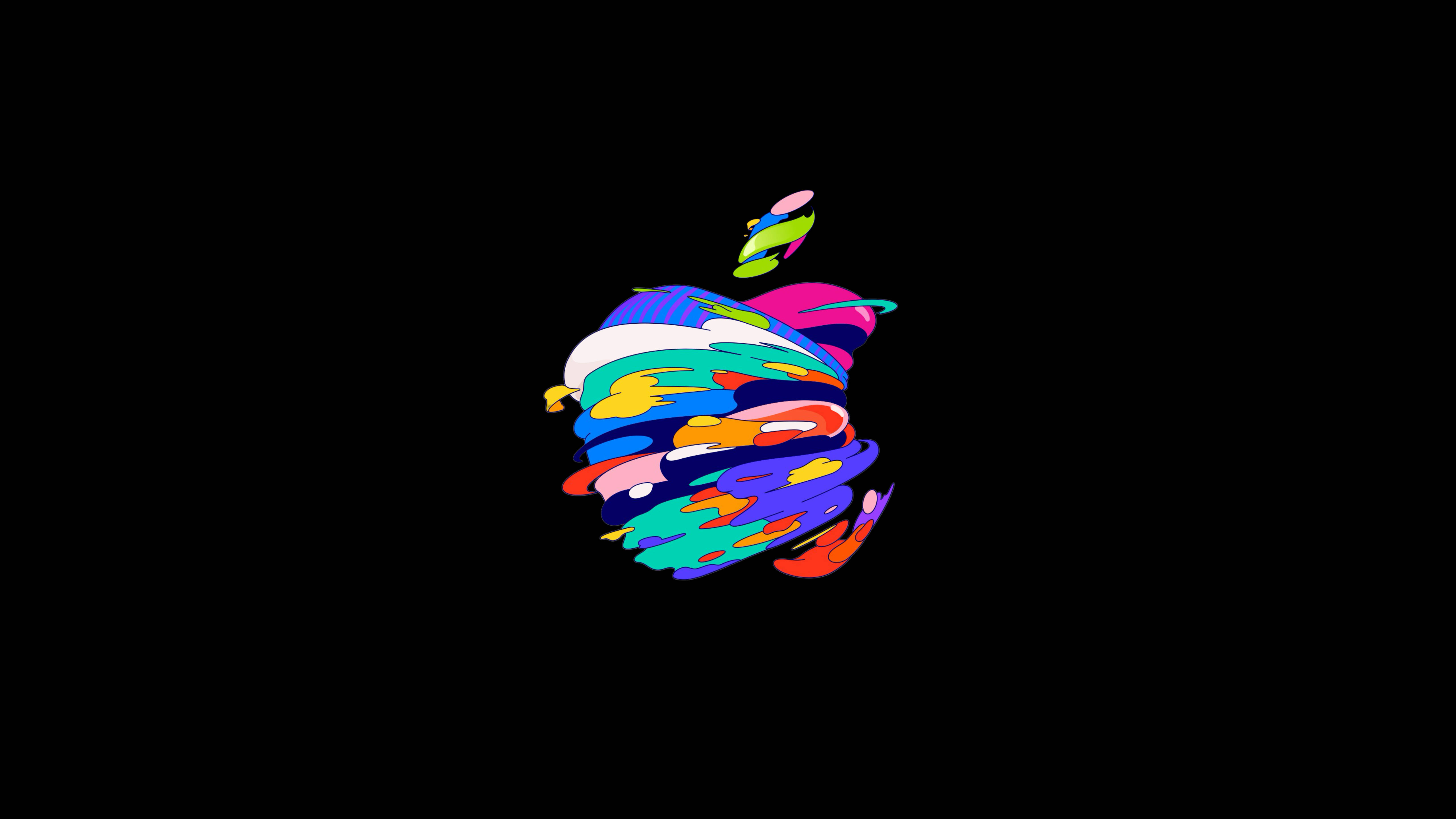 黑色藝術 桌布 壁紙 — 一個充滿活力的抽象Apple標誌以霓虹色彩在純黑背景上旋轉。