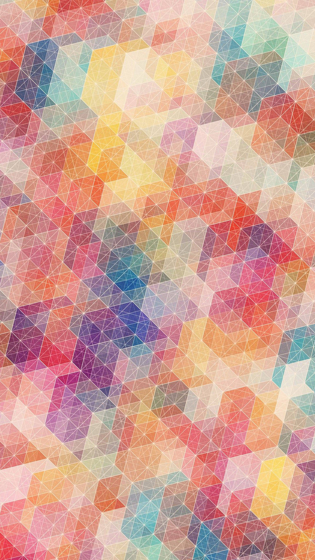 Simple Geometric Phone 桌布 壁紙 — 一個充滿活力的抽象圖案，由暖色和冷色調中重疊的彩色三角形組成，形成動態的幾何馬賽克。