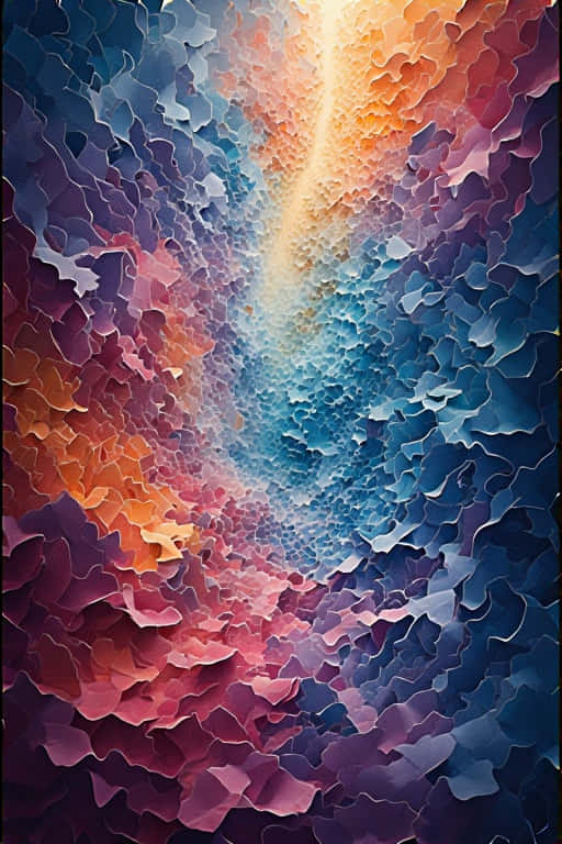 Vibrant Abstract Paper Cutouts 8K 壁紙 — 一個充滿活力的抽象圖案，由溫暖的橙色和冷藍色的分層波浪狀花瓣形狀組成，向明亮的中央光束匯聚。