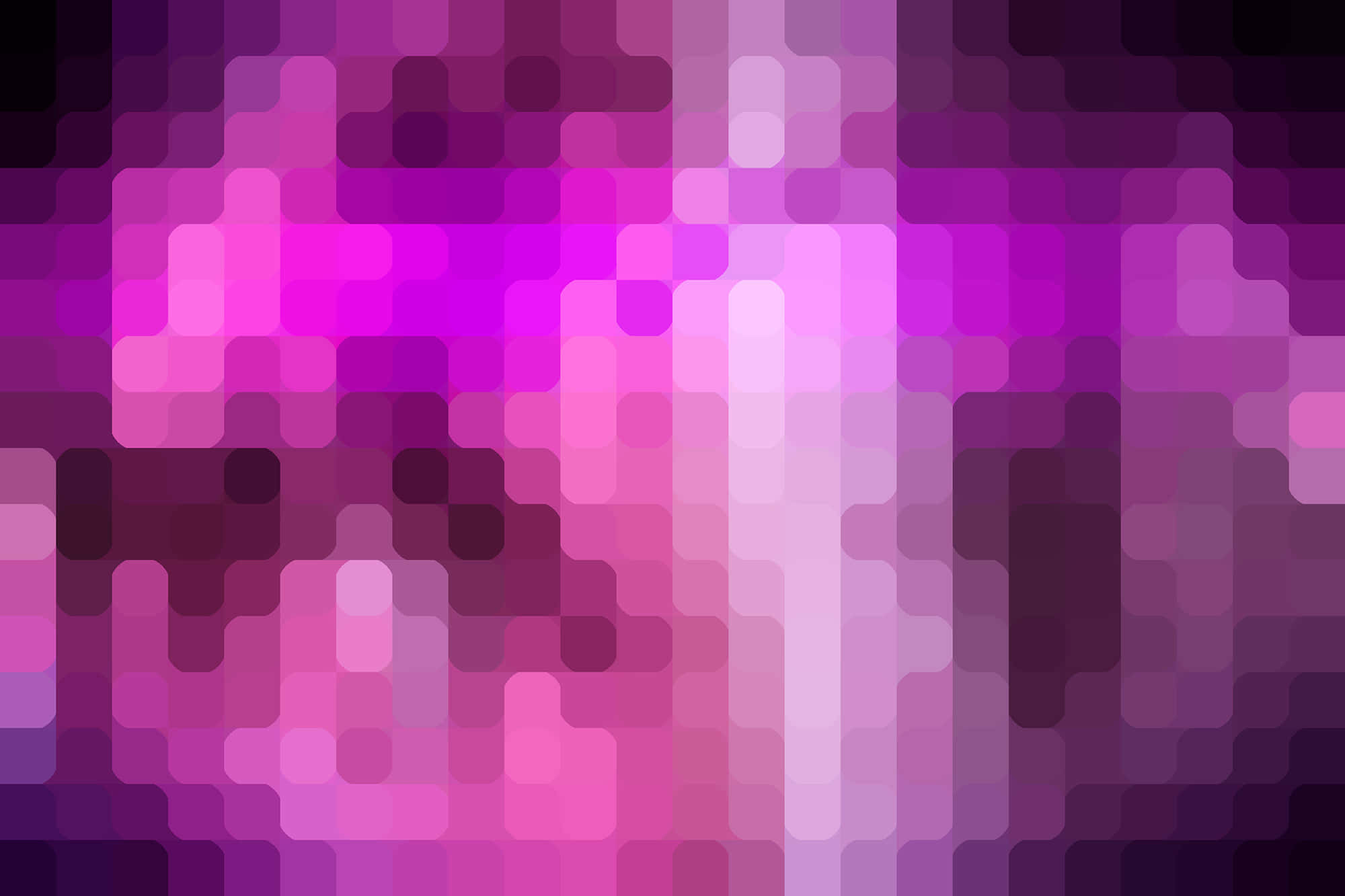 Pixel 桌布 壁紙 — 一個充滿活力的抽象圖案，由發光的粉紅色和紫色像素化正方形組成，營造出柔和的漸變效果。