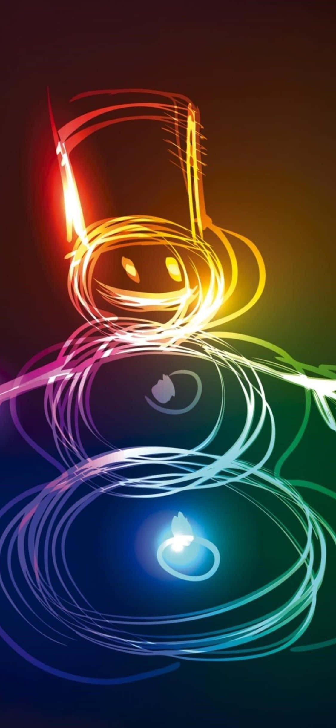 Creative iPhone 桌布 壁紙 — 一個充滿活力的抽象圖案，由發光的霓虹漩渦形成，帶有微笑的臉和蘋果符號，背景為深色漸變。
