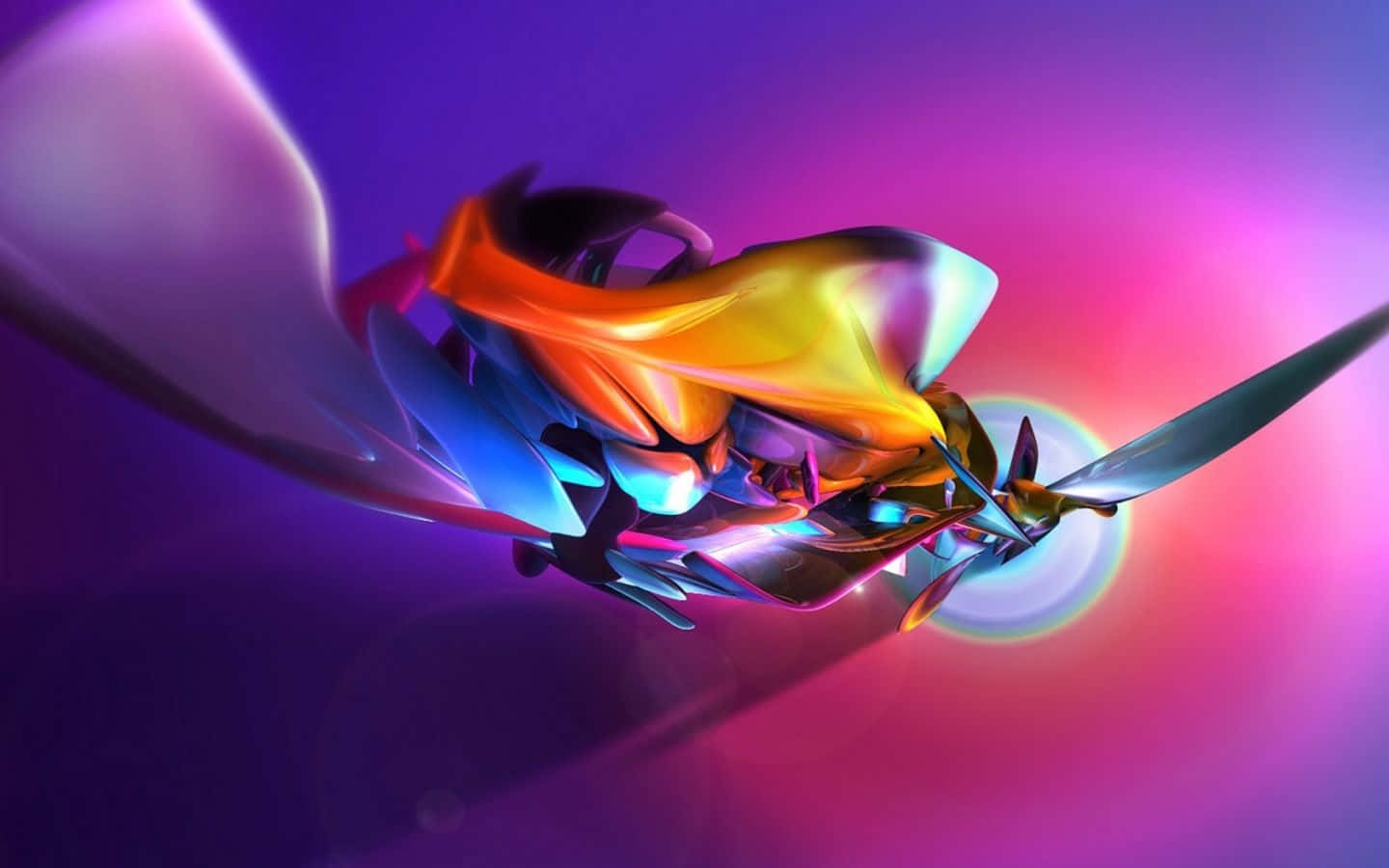 Abstraction 桌布 壁紙 — 一個充滿活力的抽象數位雕塑，由流動的金屬絲帶組成，呈現霓虹色調，背景為紫色粉紅漸變。