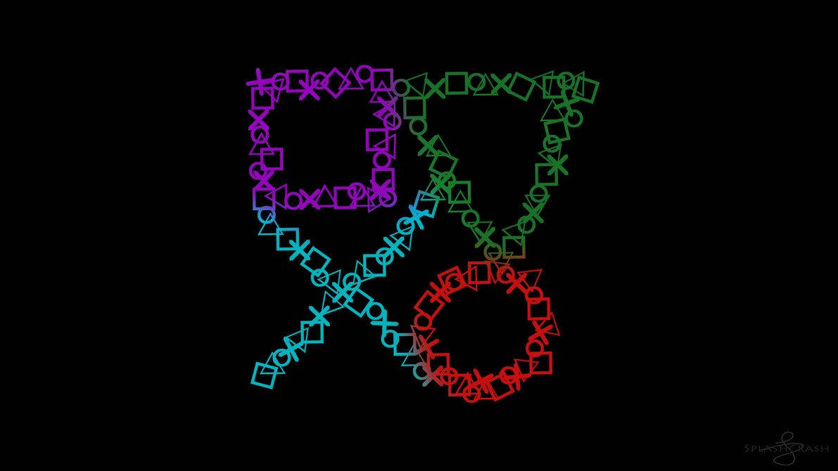 PlayStation 桌布 壁紙 — 一個充滿活力的抽象數字八，由彩色幾何形狀在黑色背景上形成。