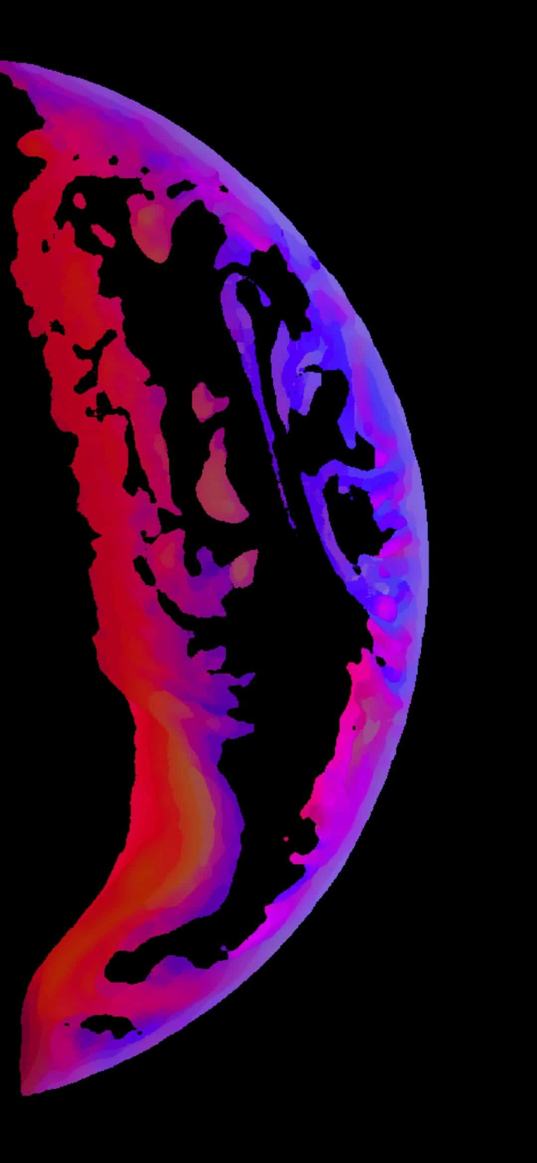 iPhone 桌布 壁紙 — 一個充滿活力的抽象新月行星在漆黑的虛空中散發出火紅和電紫的光芒。