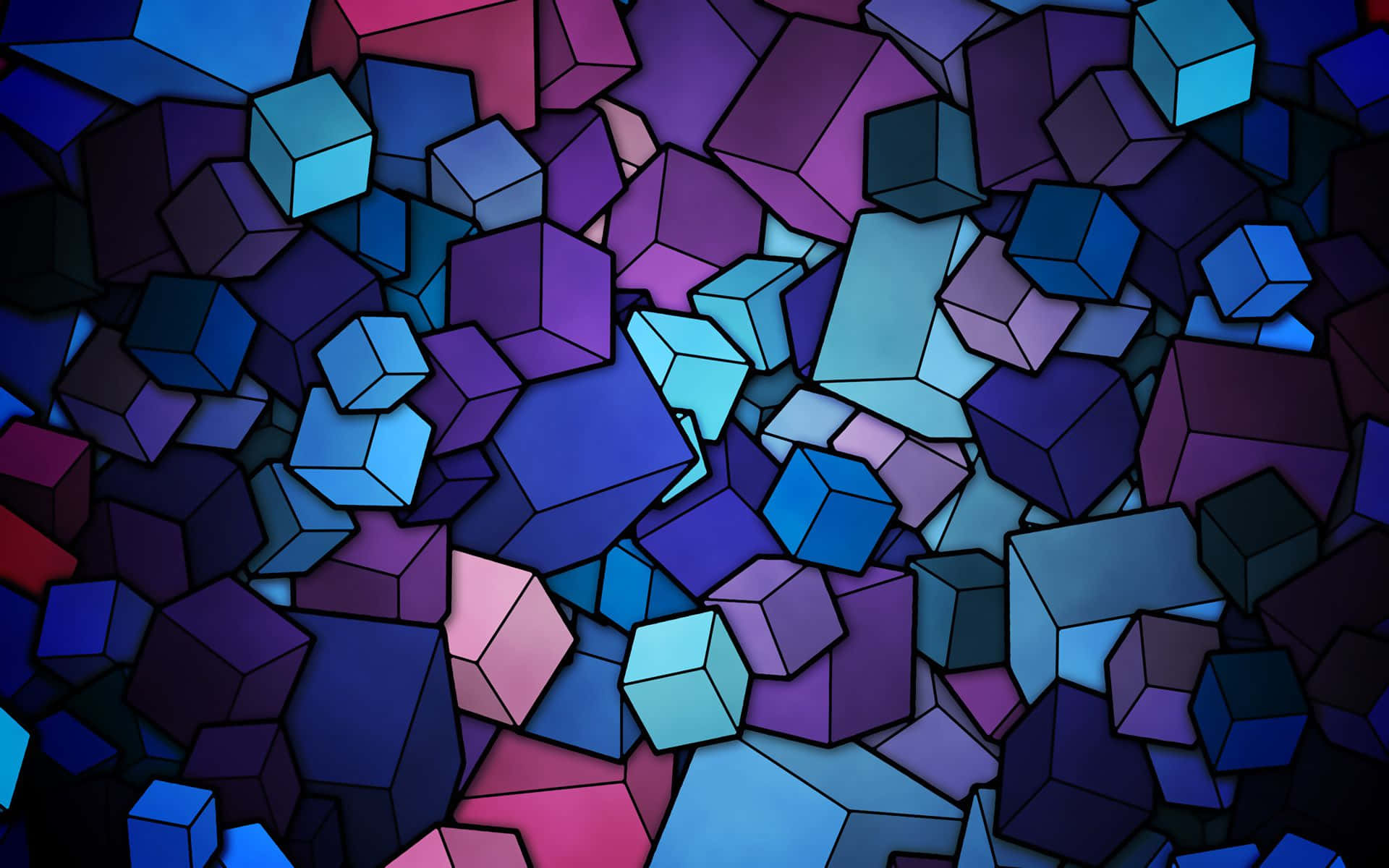 Cool Abstract 桌布 壁紙 — 一個充滿活力的抽象構圖，由深藍色、紫色和粉紅色的重疊幾何立方體組成，營造出動態的數位紋理。