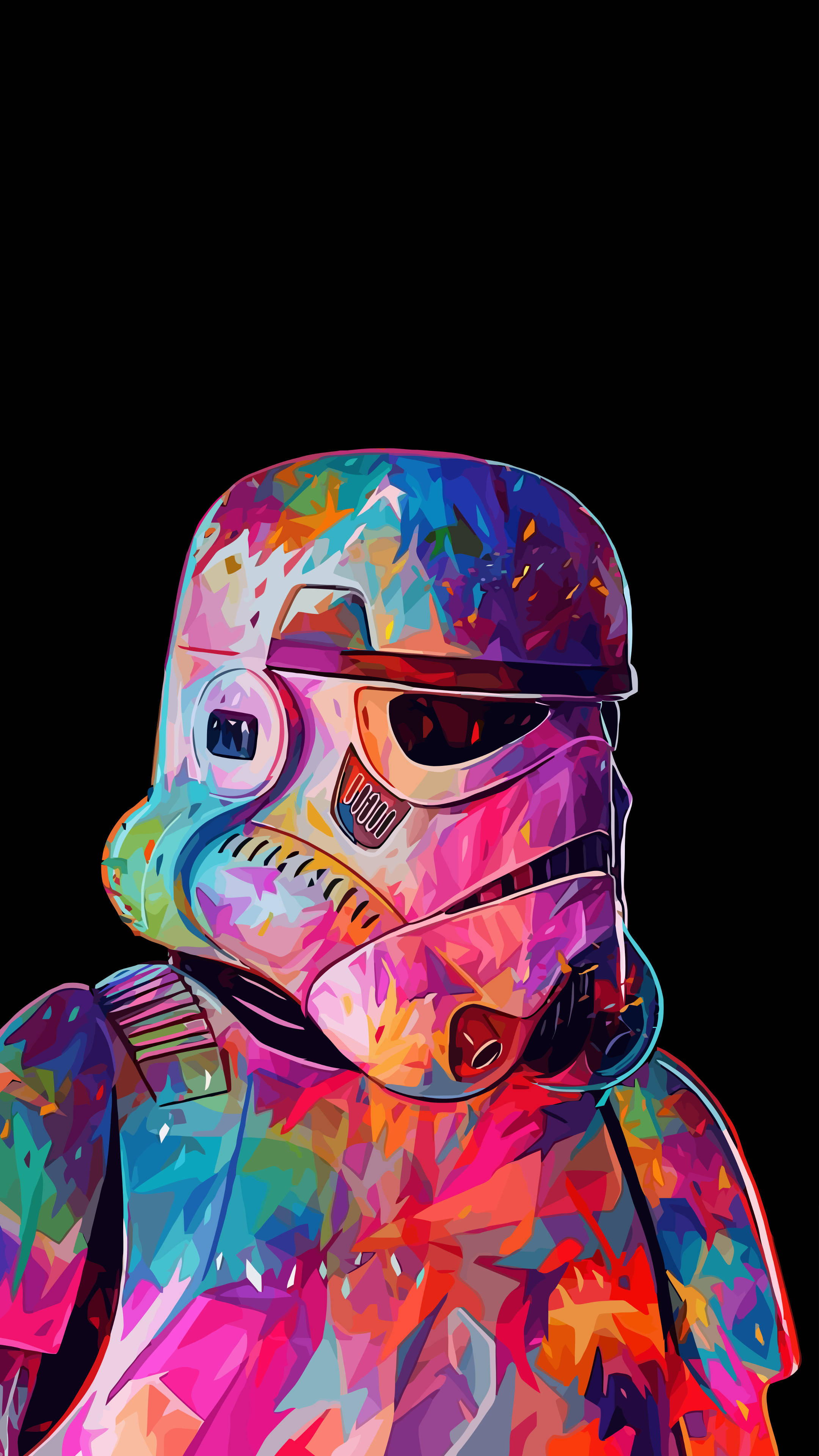 AMOLED 桌布 壁紙 — 一個充滿活力的抽象肖像，描繪了一個被彩虹色潑濺的風暴兵頭盔，背景為黑色。