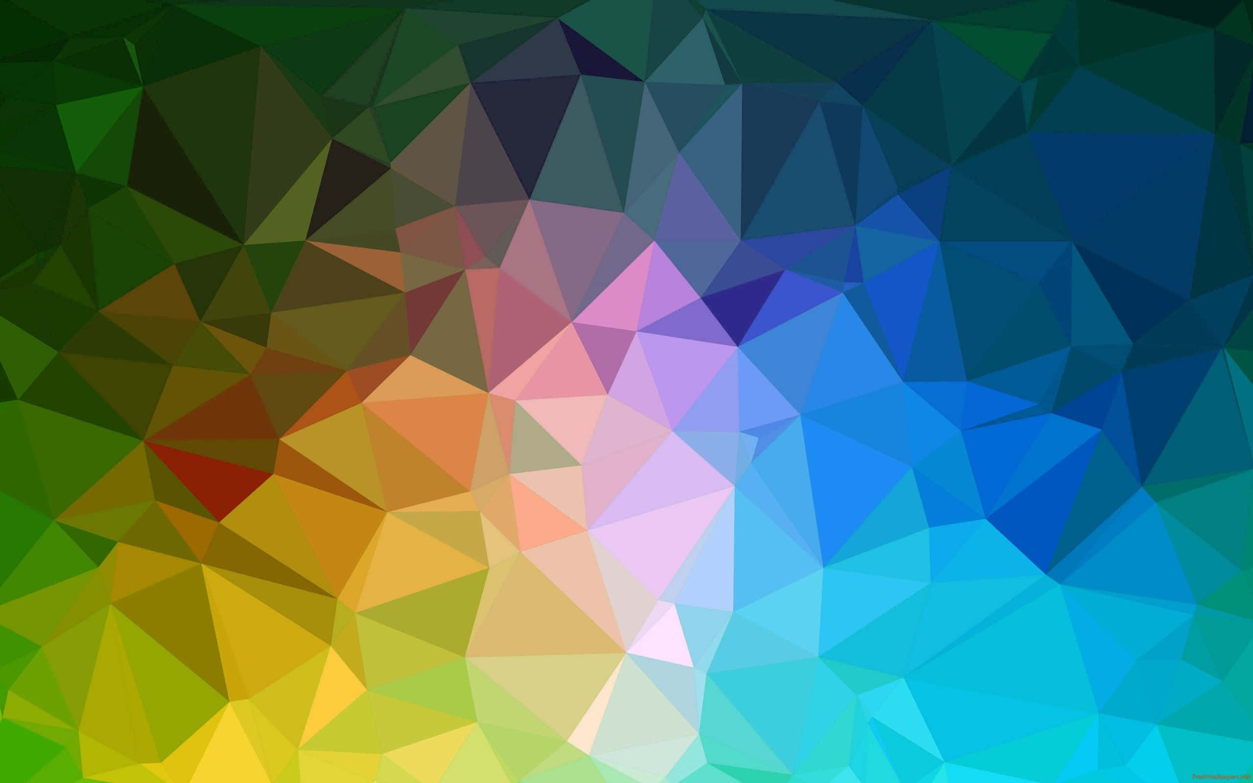 Polygon 桌布 壁紙 — 一個充滿活力的抽象馬賽克，由從綠色到藍色、粉紅色和黃色的彩色三角形混合而成。