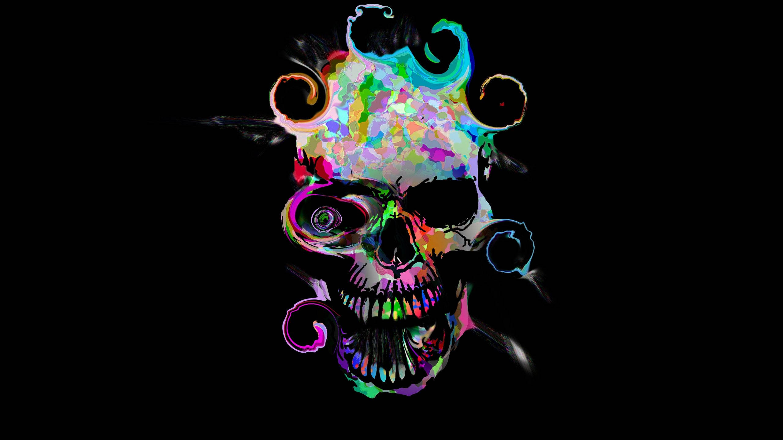 Profile 桌布 壁紙 — 一個充滿活力的抽象骷髏，帶有旋轉的霓虹色彩和黑色輪廓，背景為純黑色。