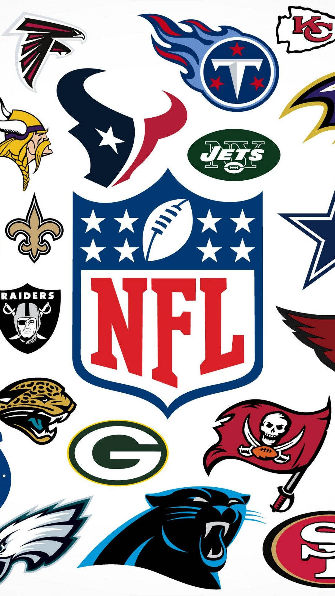 Cool NFL 桌布 壁紙 — 一個充滿活力的拼貼畫，NFL 球隊標誌圍繞中央的 NFL 盾牌徽章排列在白色背景上。